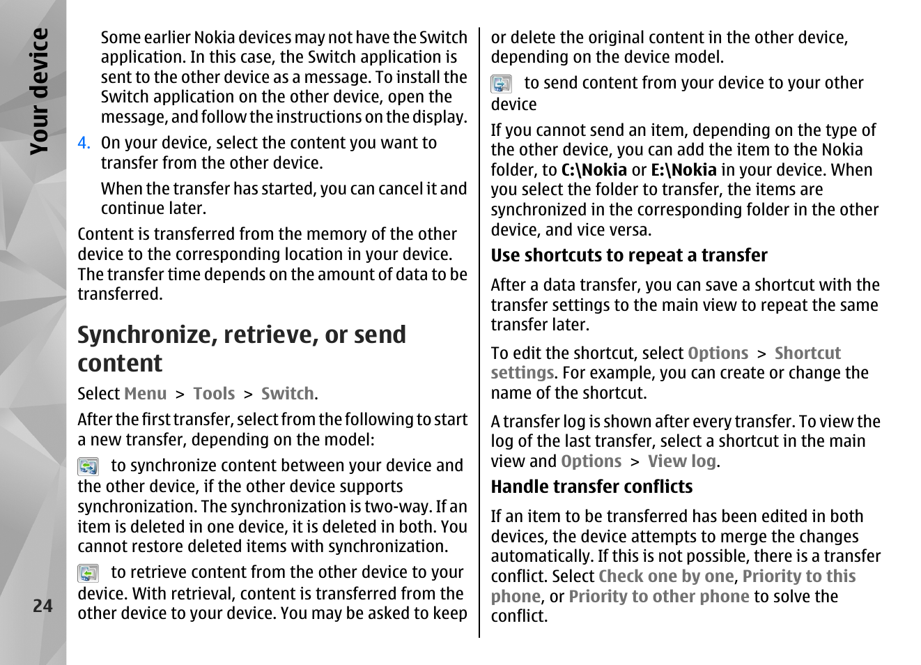 Synchronize, retrieve, or send content, Your device | Nokia N86 8MP User Manual | Page 24 / 168