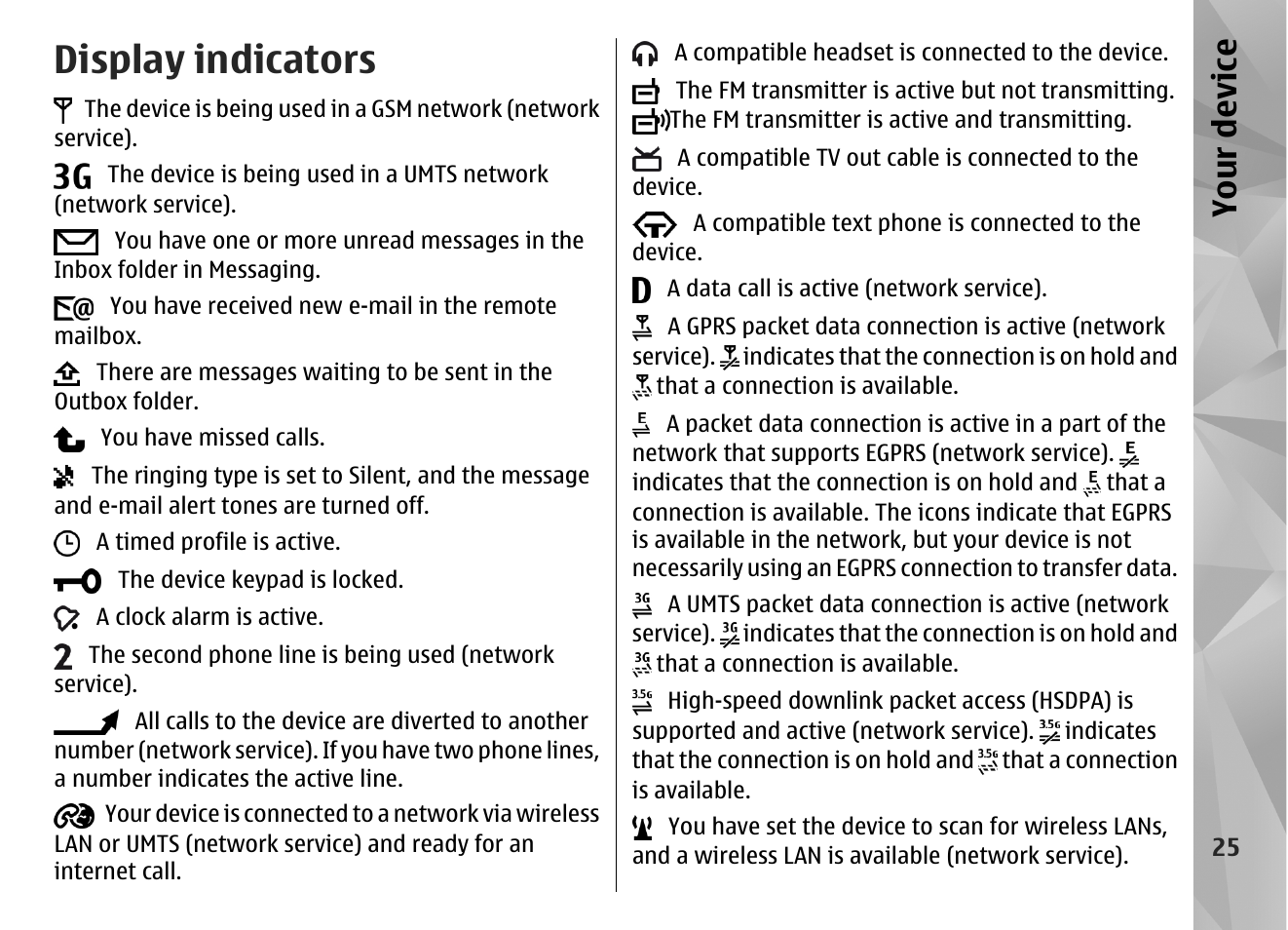 Display indicators, Your device | Nokia N86 8MP User Manual | Page 25 / 168