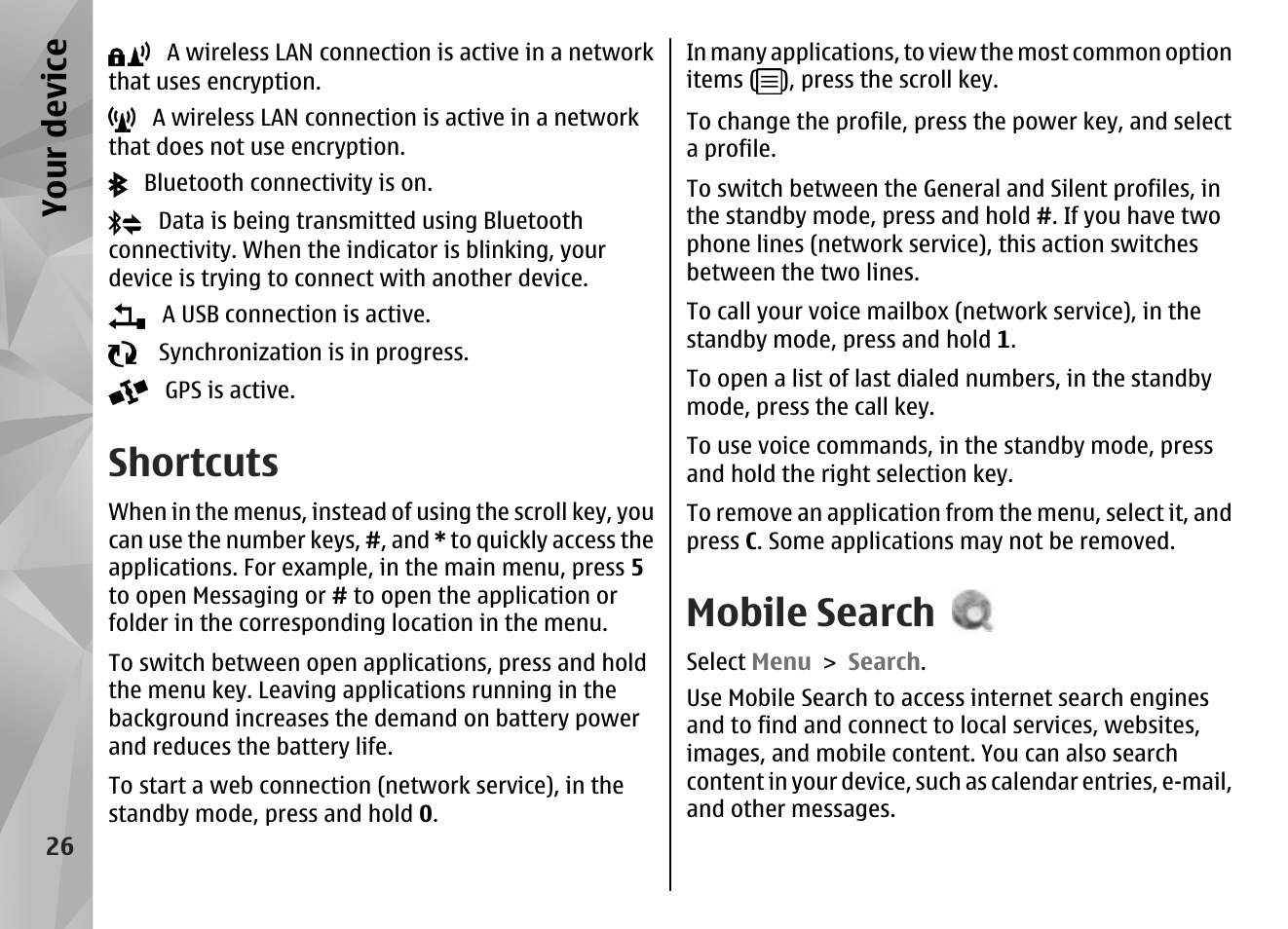 Shortcuts, Mobile search, Your device | Nokia N86 8MP User Manual | Page 26 / 168