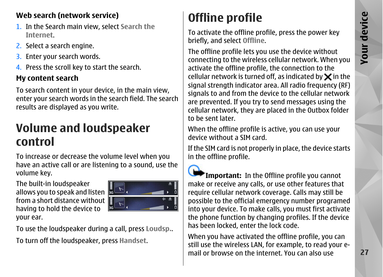 Volume and loudspeaker control, Offline profile, Your device | Nokia N86 8MP User Manual | Page 27 / 168