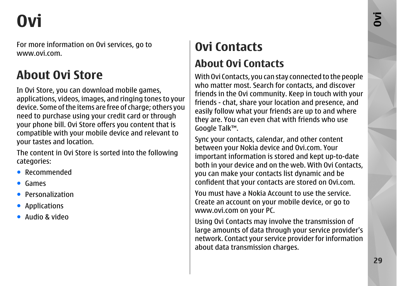 About ovi store, Ovi contacts, About ovi contacts | Nokia N86 8MP User Manual | Page 29 / 168