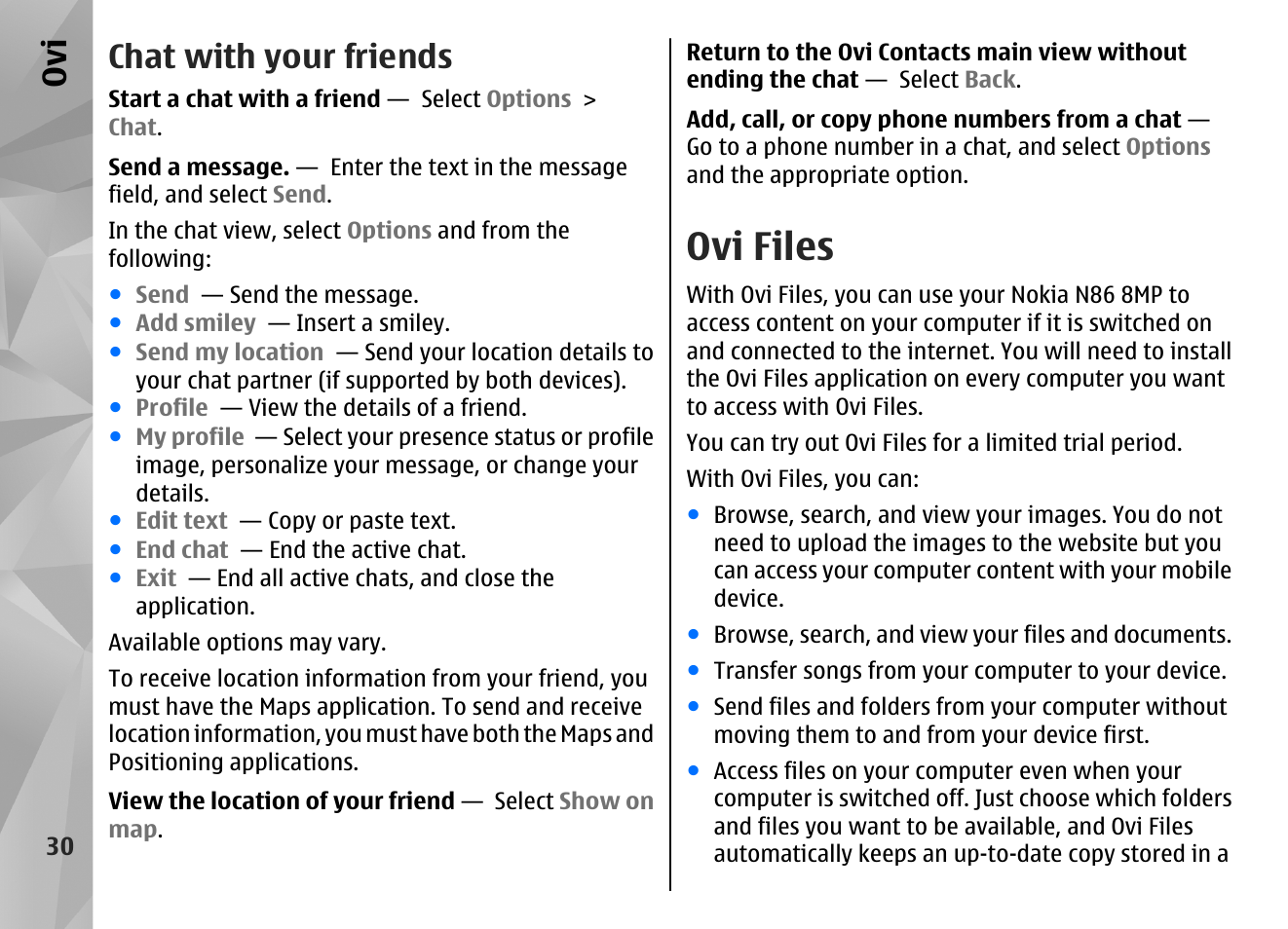 Chat with your friends, Ovi files | Nokia N86 8MP User Manual | Page 30 / 168