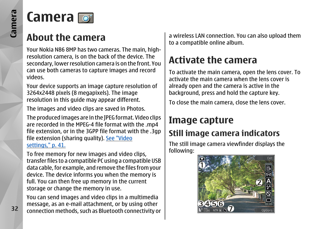 Camera, About the camera, Activate the camera | Image capture, Still image camera indicators, Ca mera | Nokia N86 8MP User Manual | Page 32 / 168