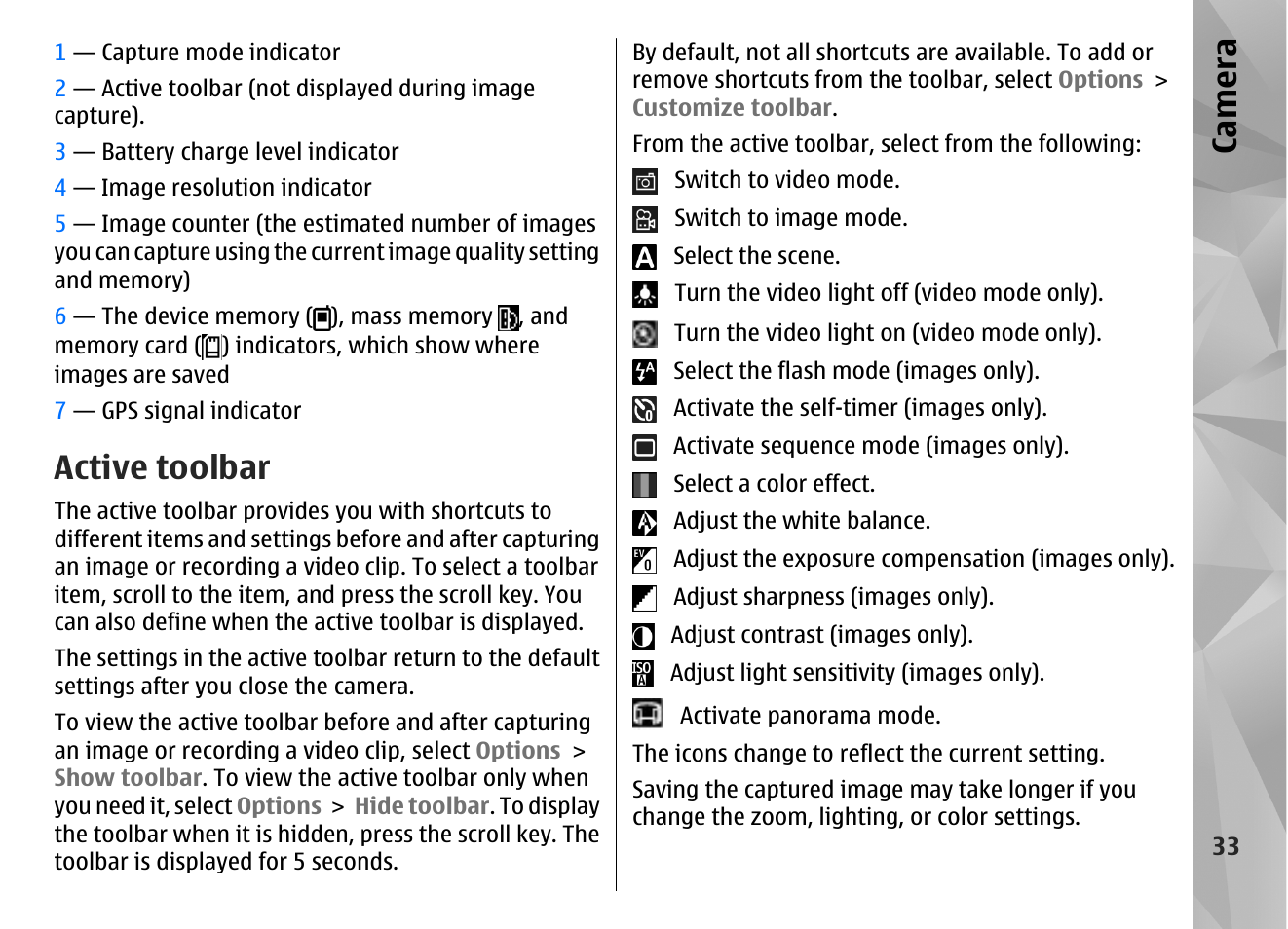 Active toolbar, Ca mera | Nokia N86 8MP User Manual | Page 33 / 168