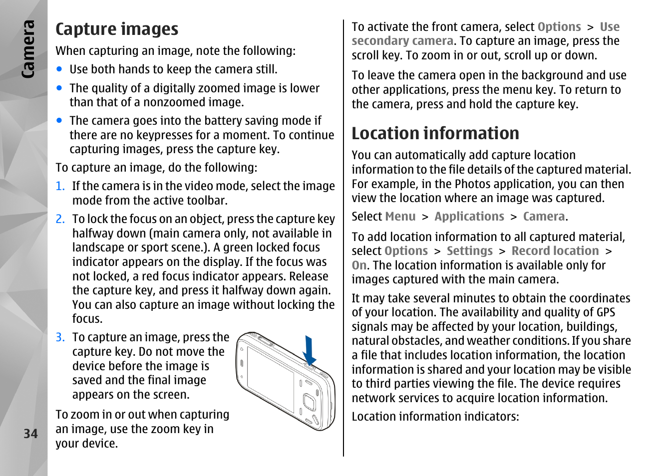 Capture images, Location information, Ca mera | Nokia N86 8MP User Manual | Page 34 / 168