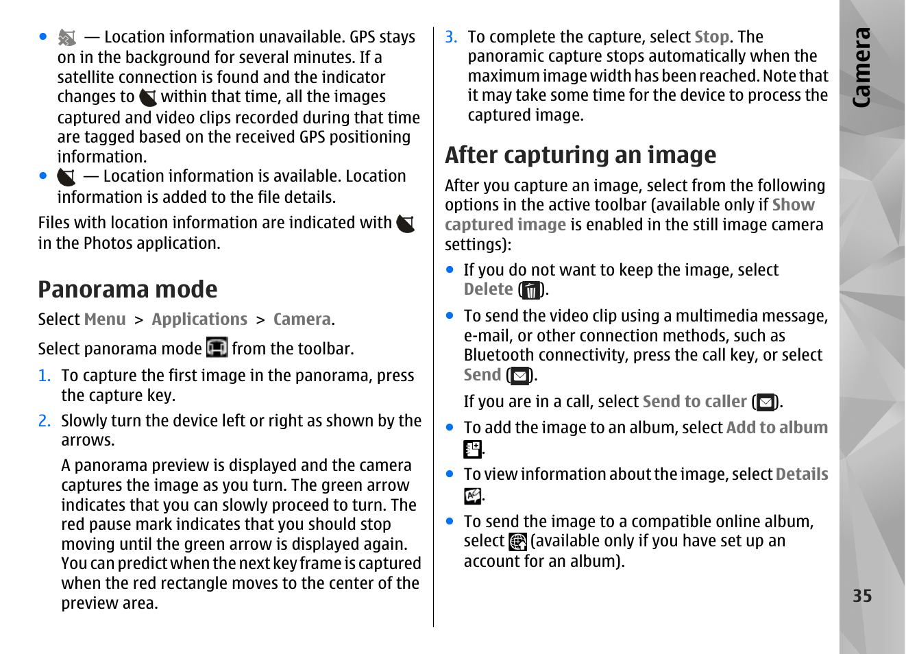Panorama mode, After capturing an image, Ca mera | Nokia N86 8MP User Manual | Page 35 / 168