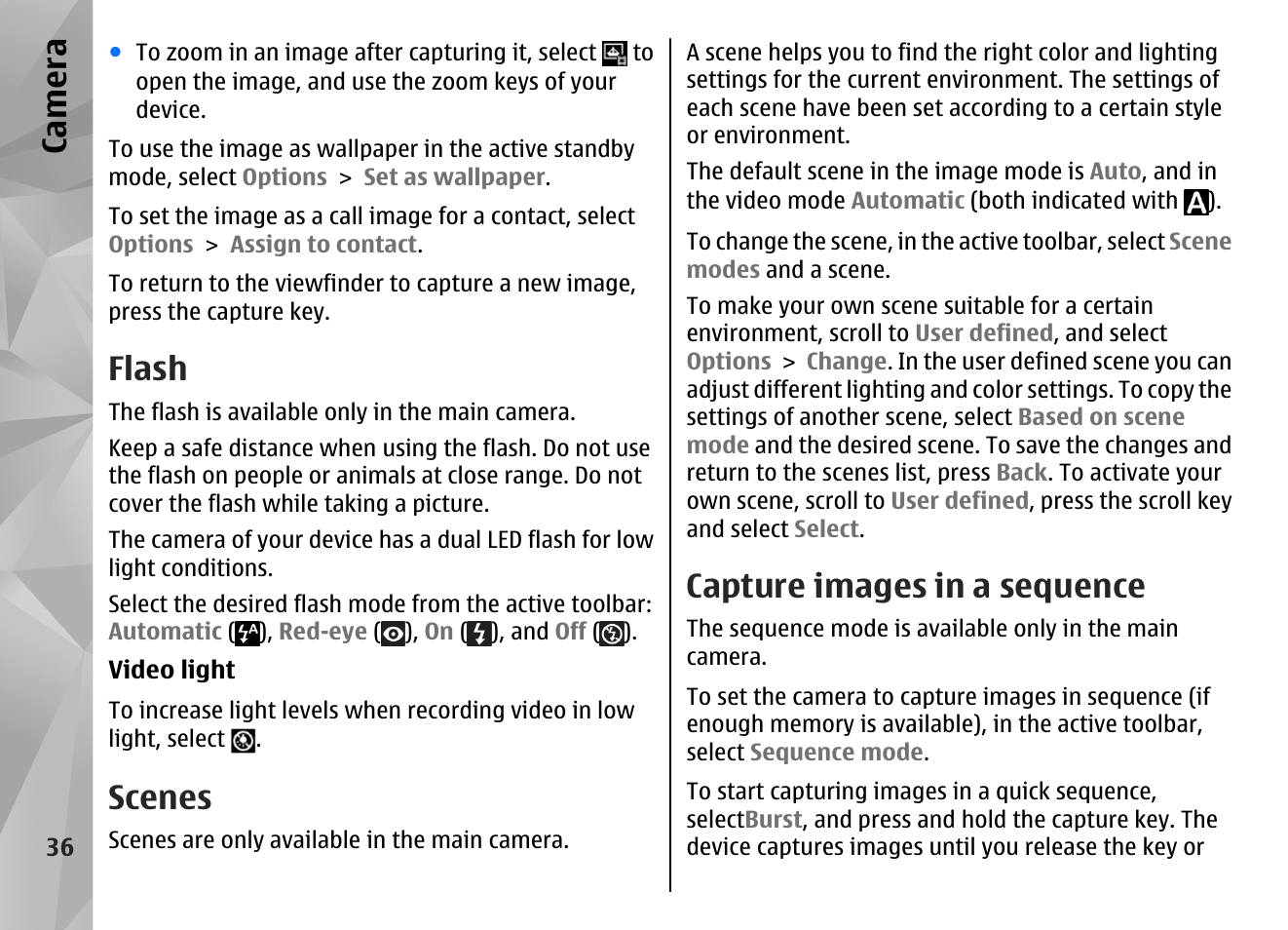 Flash, Scenes, Capture images in a sequence | Ca mera | Nokia N86 8MP User Manual | Page 36 / 168