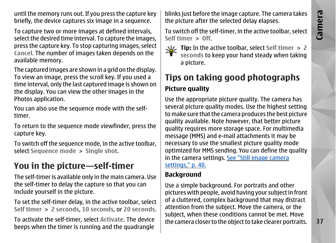 You in the picture—self-timer, Tips on taking good photographs, Ca mera | Nokia N86 8MP User Manual | Page 37 / 168
