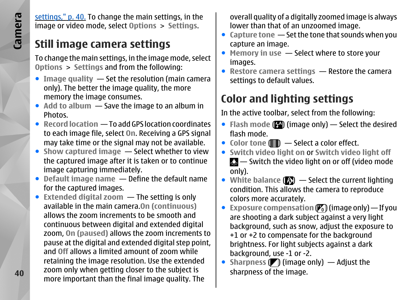 Still image camera settings, Color and lighting settings, Ca mera | Nokia N86 8MP User Manual | Page 40 / 168