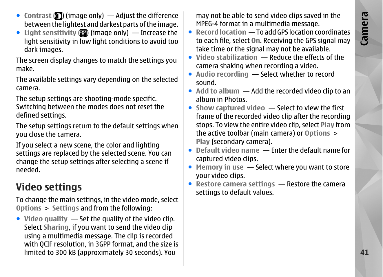 Video settings, Ca mera | Nokia N86 8MP User Manual | Page 41 / 168