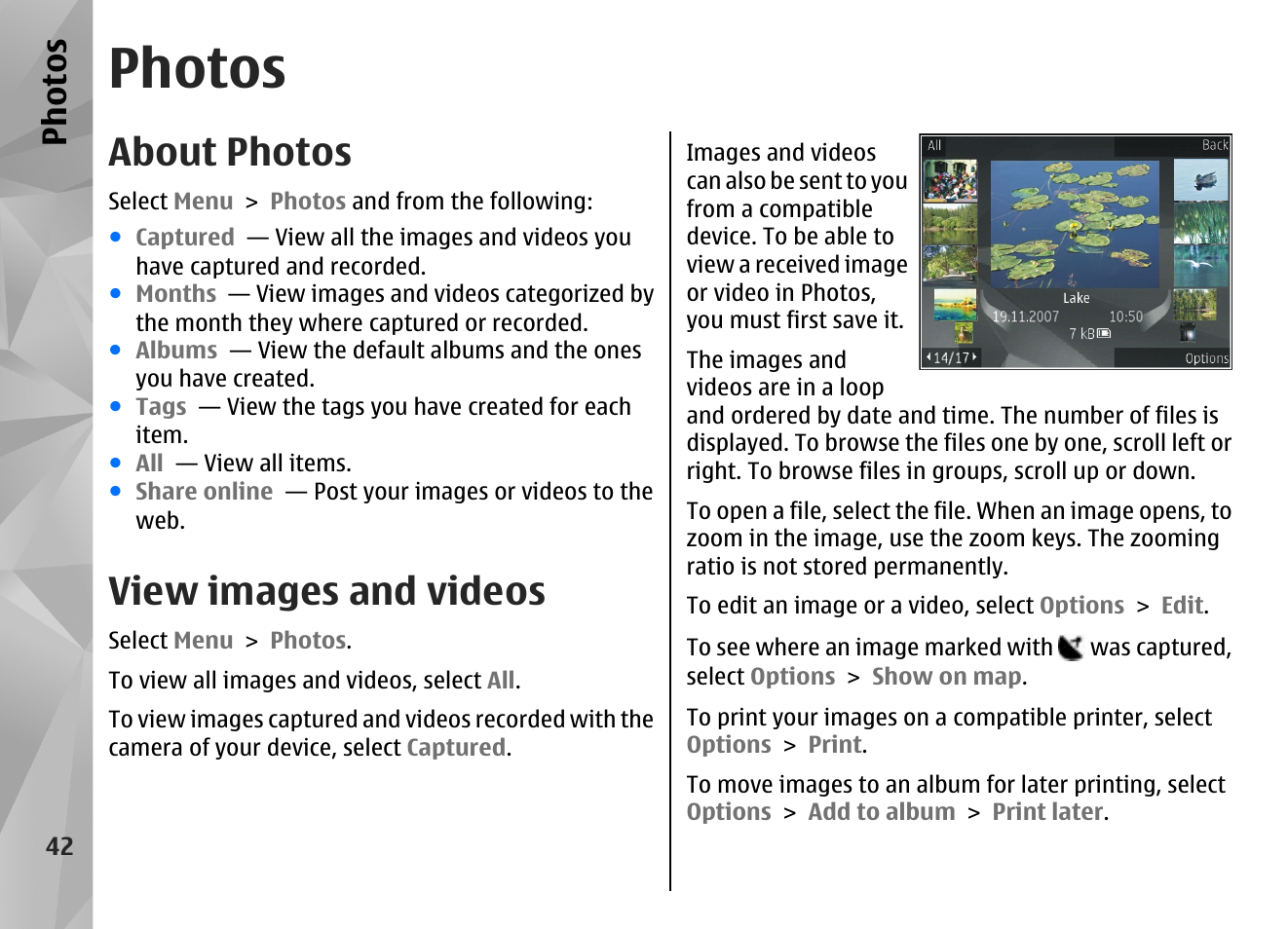 Photos, About photos, View images and videos | Ph ot os | Nokia N86 8MP User Manual | Page 42 / 168