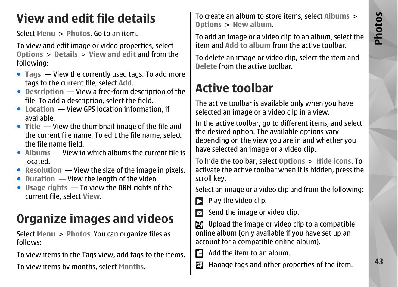 View and edit file details, Organize images and videos, Active toolbar | Ph ot os | Nokia N86 8MP User Manual | Page 43 / 168