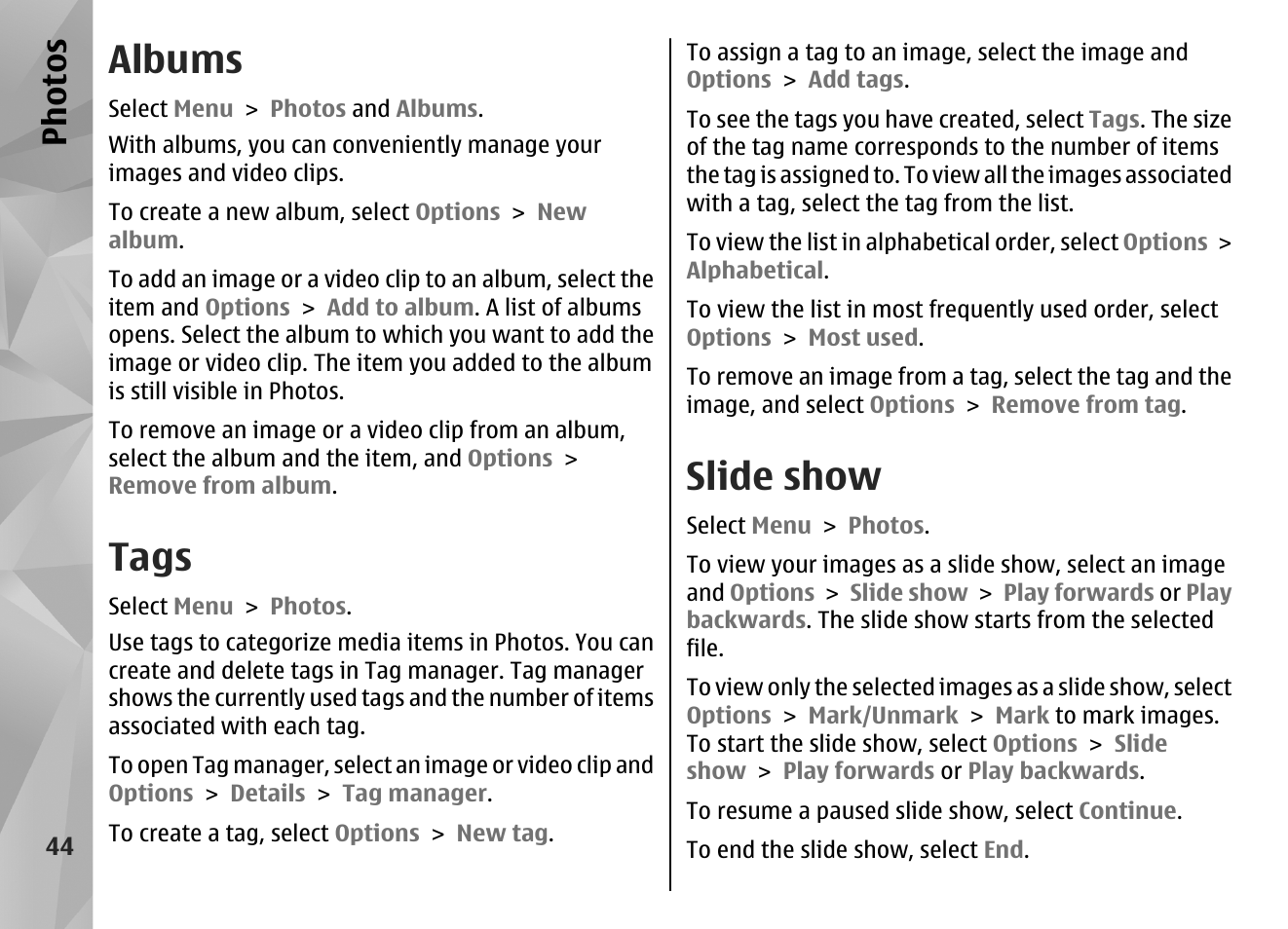 Albums, Tags, Slide show | Ph ot os | Nokia N86 8MP User Manual | Page 44 / 168