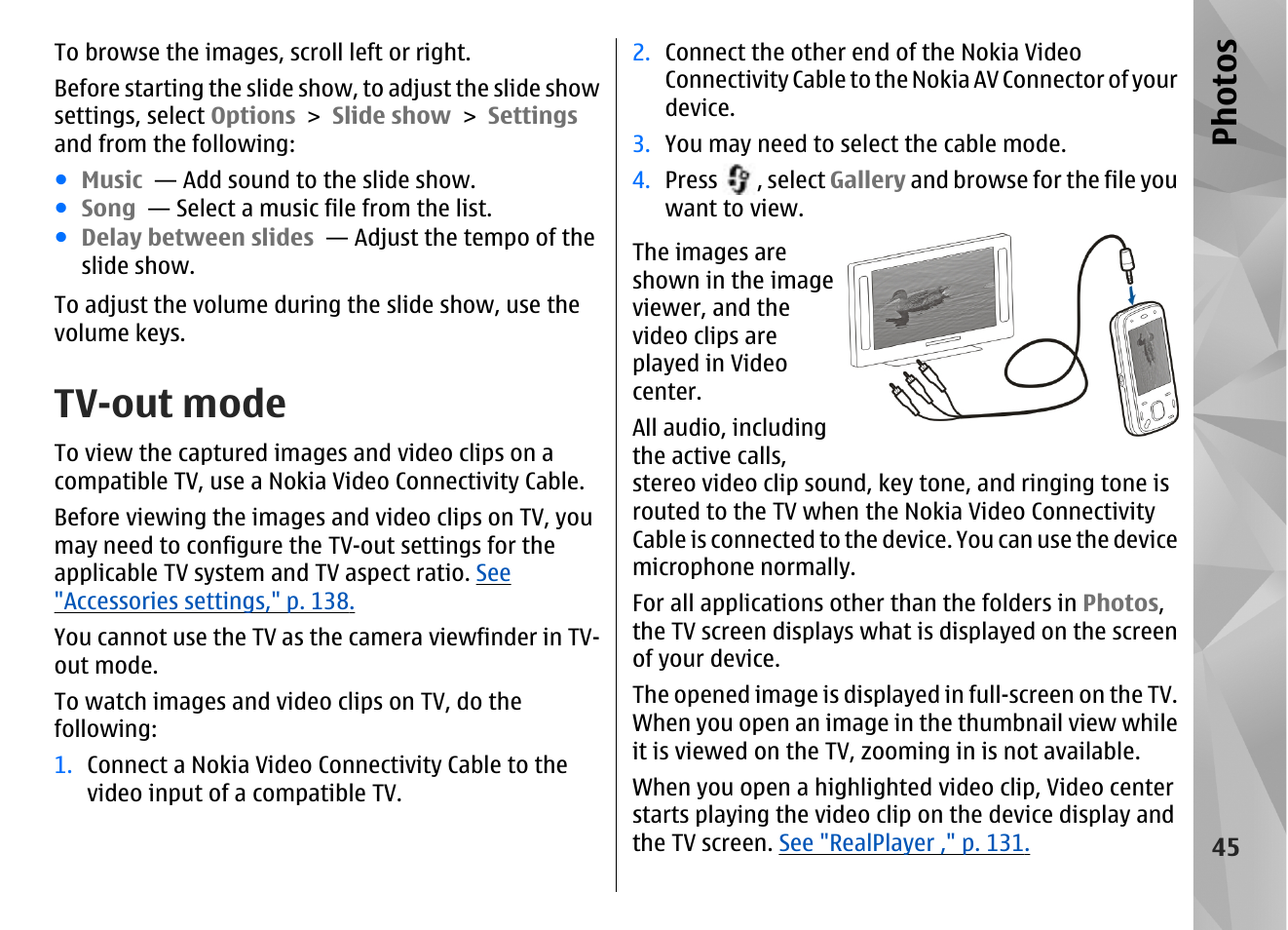 Tv-out mode, Ph ot os | Nokia N86 8MP User Manual | Page 45 / 168