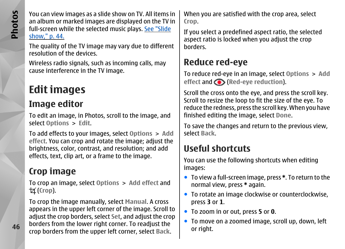 Edit images, Image editor, Crop image | Reduce red-eye, Useful shortcuts, Ph ot os | Nokia N86 8MP User Manual | Page 46 / 168