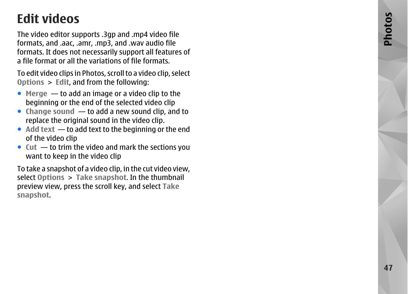 Edit videos, Ph ot os | Nokia N86 8MP User Manual | Page 47 / 168