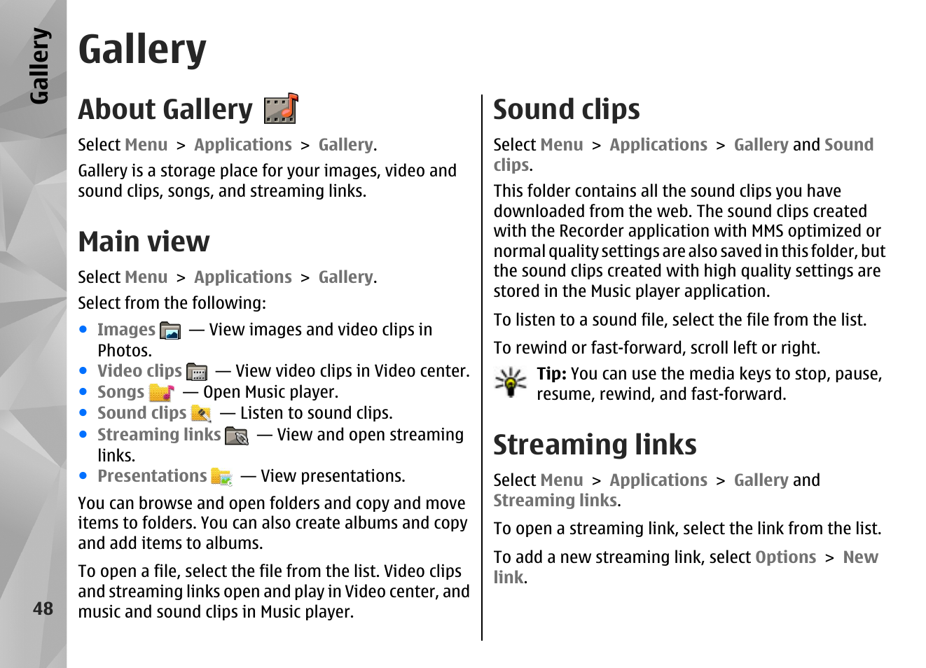 Gallery, About gallery, Main view | Sound clips, Streaming links | Nokia N86 8MP User Manual | Page 48 / 168