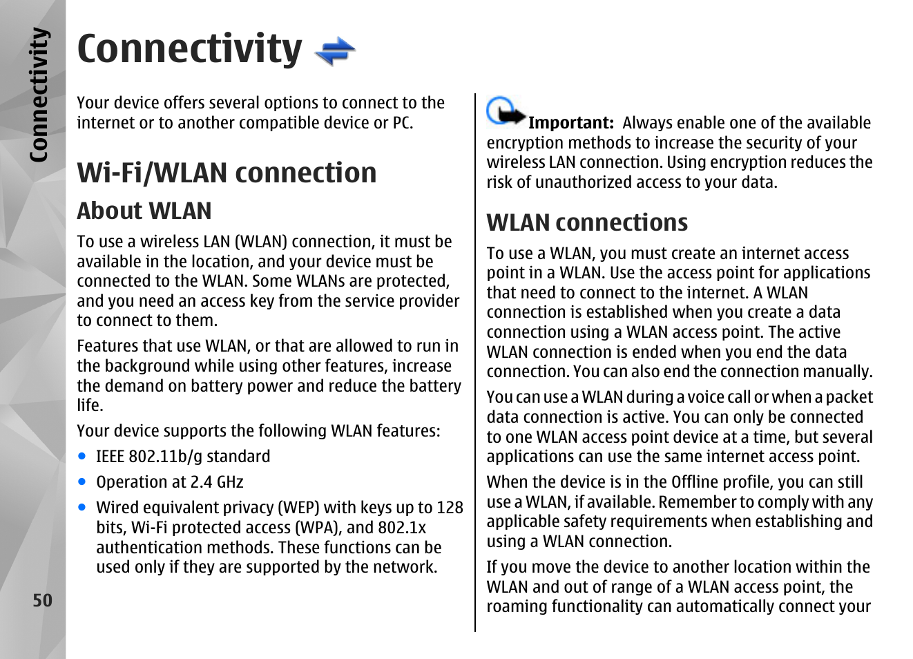Connectivity, Wi-fi/wlan connection, About wlan | Wlan connections, Co nnect ivi ty | Nokia N86 8MP User Manual | Page 50 / 168