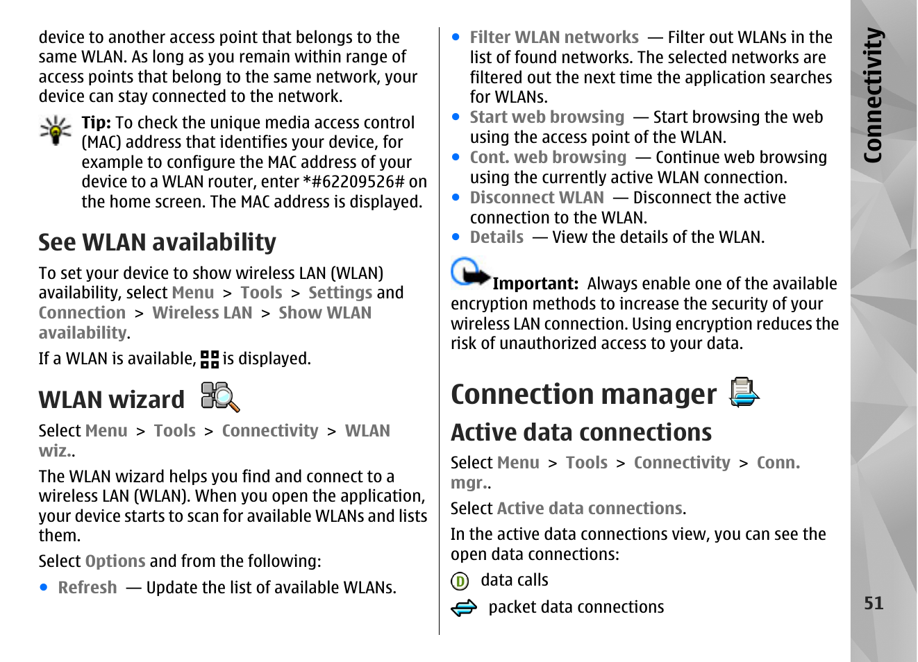 See wlan availability, Wlan wizard, Connection manager | Active data connections, Co nnect ivi ty | Nokia N86 8MP User Manual | Page 51 / 168