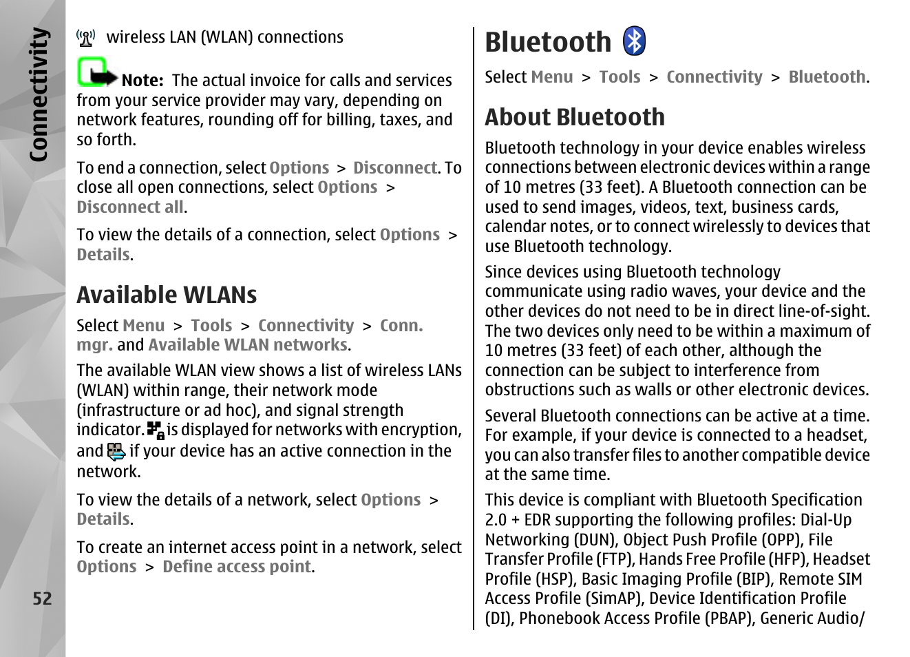 Available wlans, Bluetooth, About bluetooth | Co nnect ivi ty | Nokia N86 8MP User Manual | Page 52 / 168