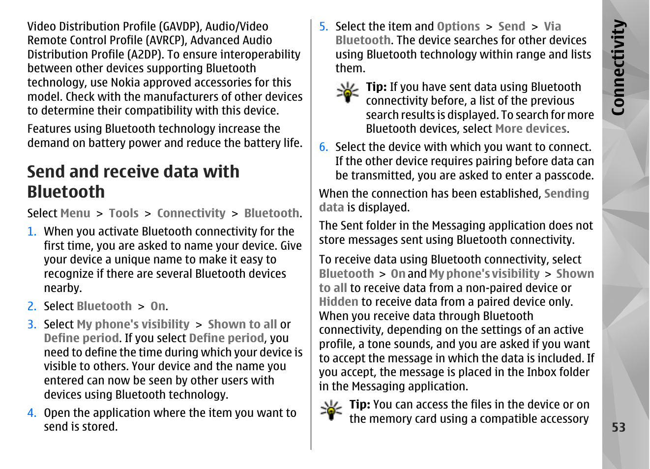 Send and receive data with bluetooth, Co nnect ivi ty | Nokia N86 8MP User Manual | Page 53 / 168