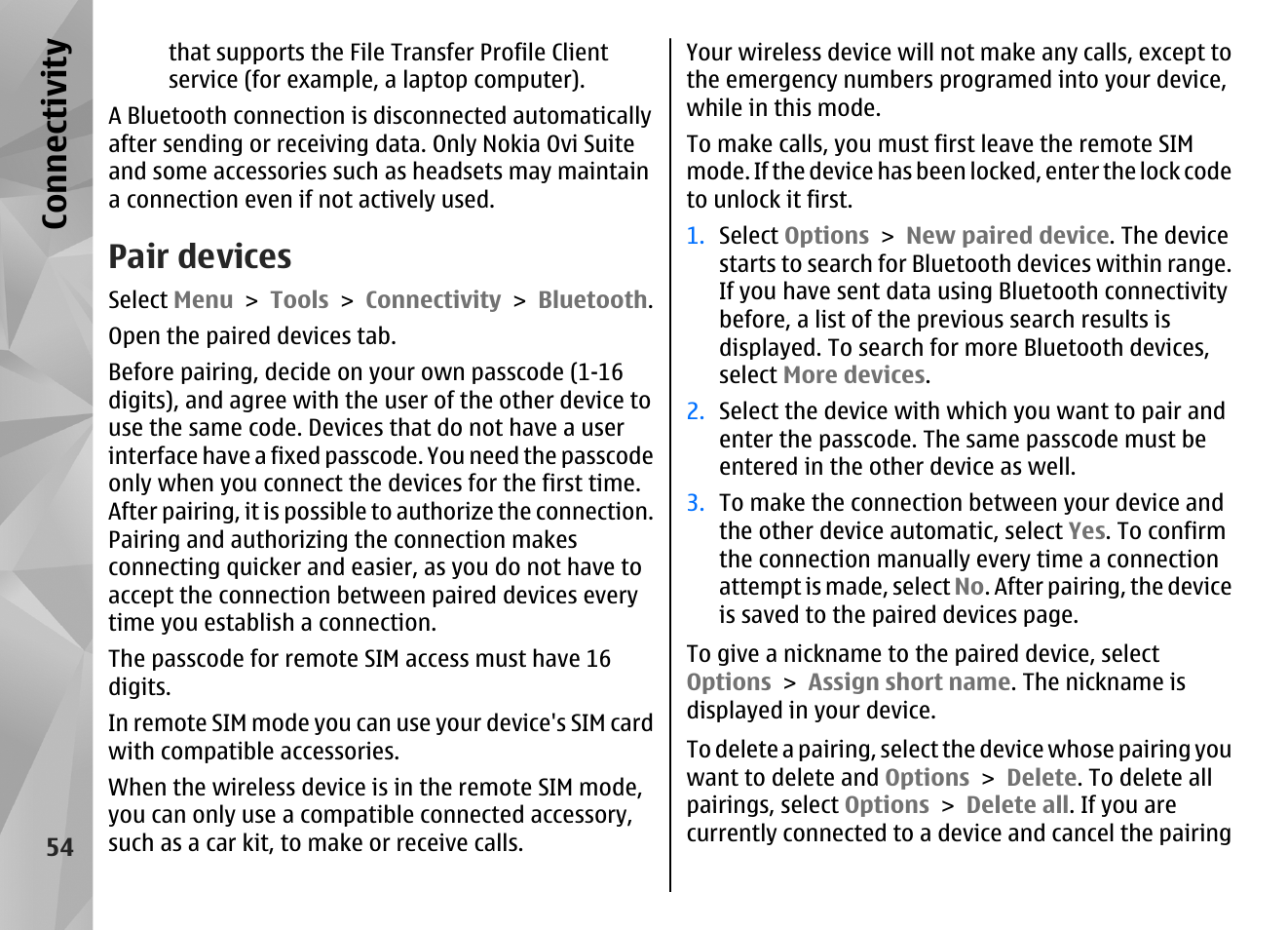 Pair devices, Co nnect ivi ty | Nokia N86 8MP User Manual | Page 54 / 168