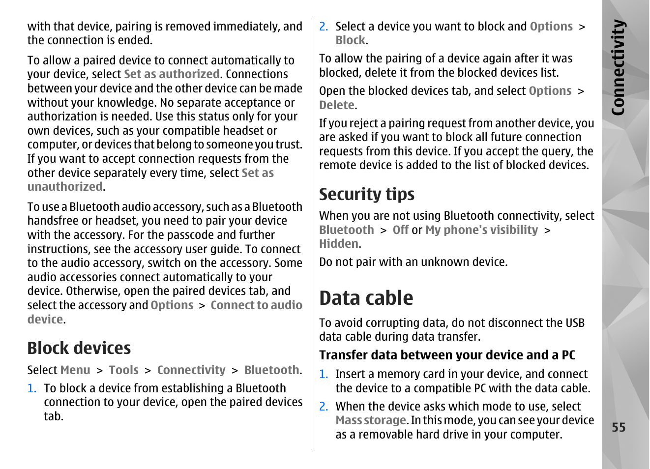 Block devices, Security tips, Data cable | Co nnect ivi ty | Nokia N86 8MP User Manual | Page 55 / 168