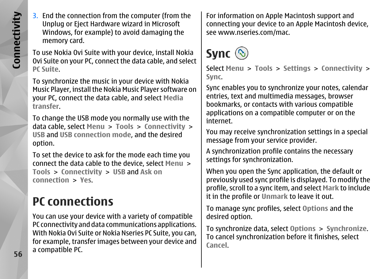 Pc connections, Sync, Co nnect ivi ty | Nokia N86 8MP User Manual | Page 56 / 168