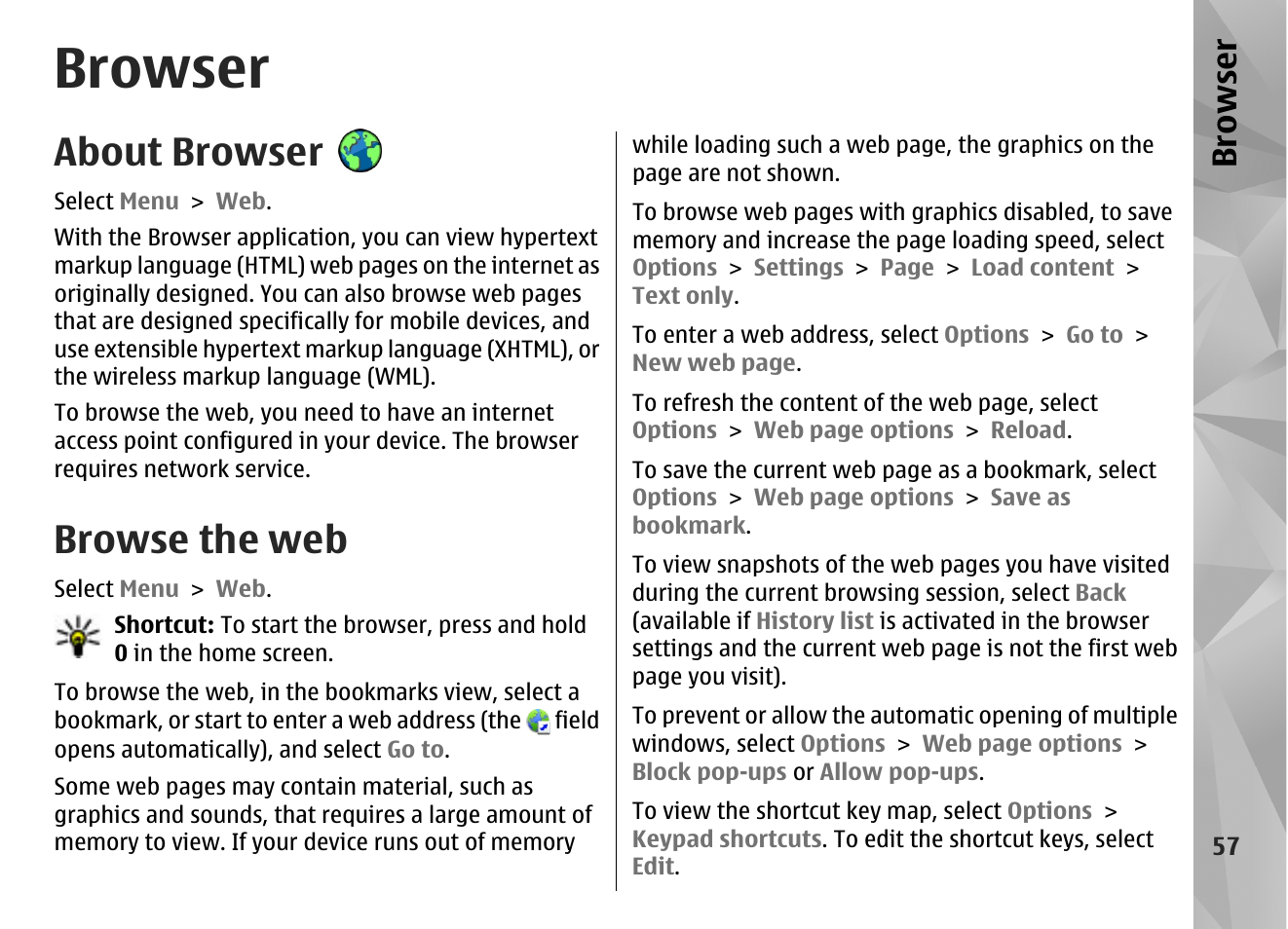 Browser, About browser, Browse the web | Nokia N86 8MP User Manual | Page 57 / 168