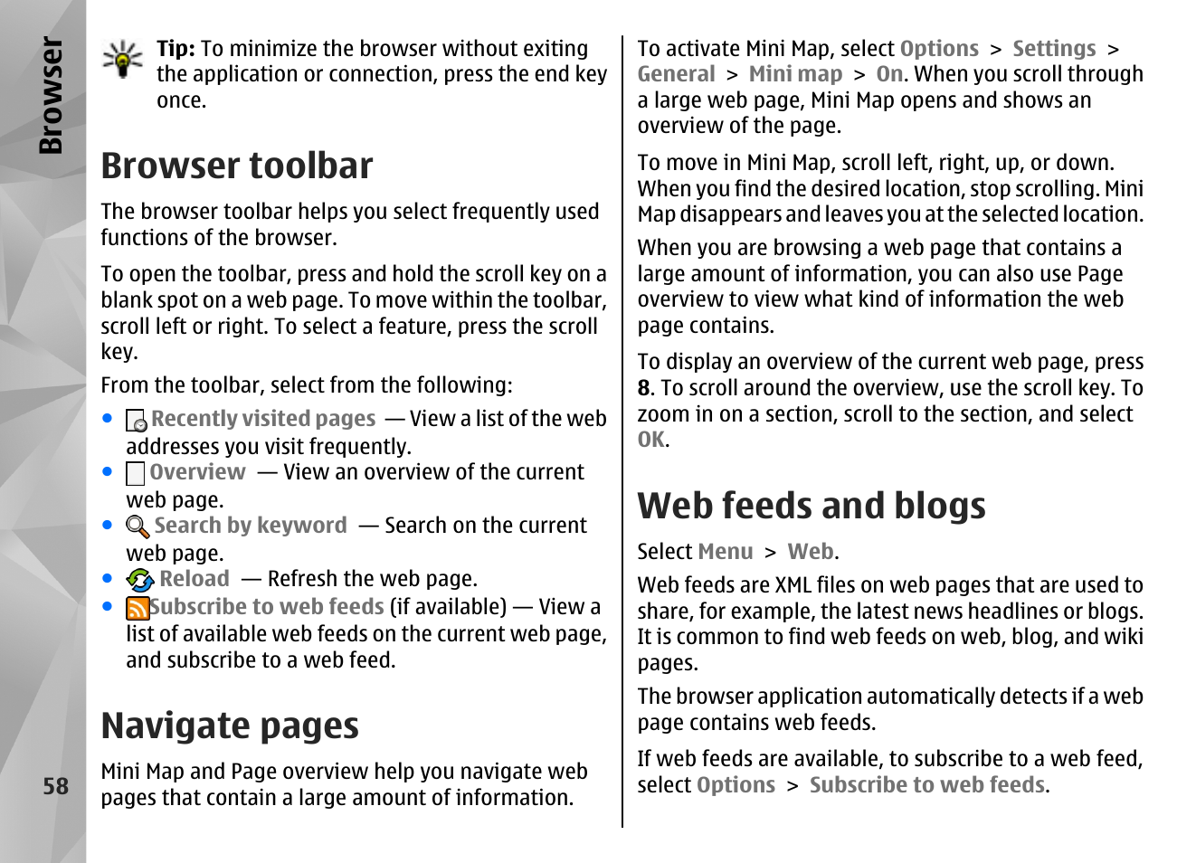 Browser toolbar, Web feeds and blogs, Navigate pages | Browser | Nokia N86 8MP User Manual | Page 58 / 168