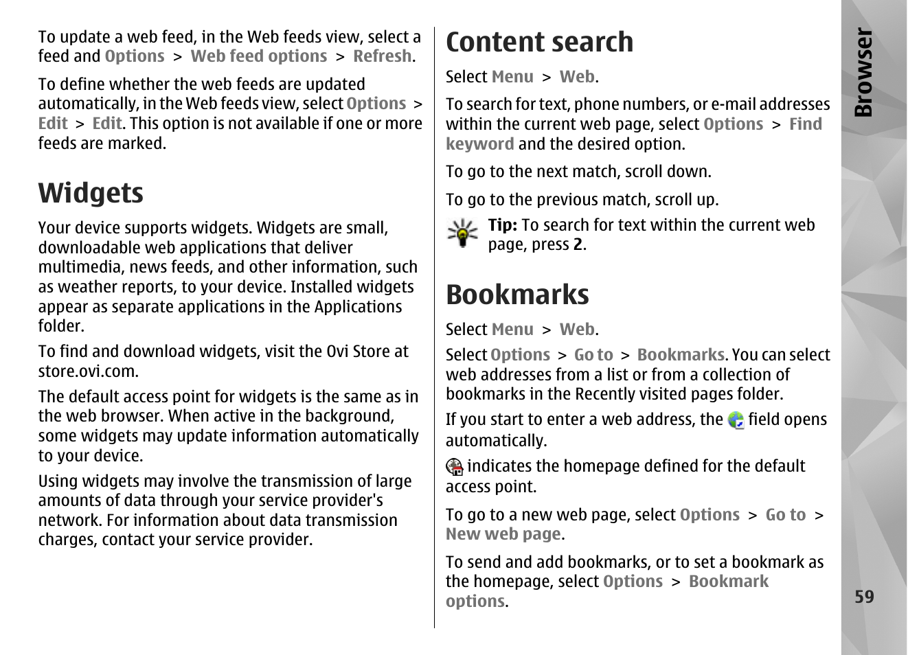Widgets, Content search, Bookmarks | Browser | Nokia N86 8MP User Manual | Page 59 / 168