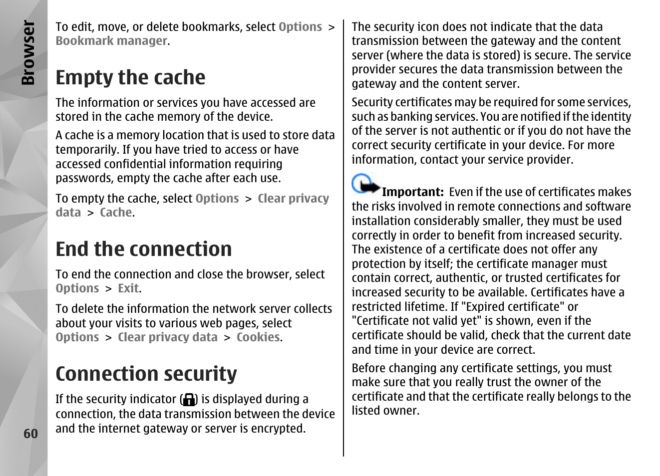 Empty the cache, End the connection, Connection security | Browser | Nokia N86 8MP User Manual | Page 60 / 168