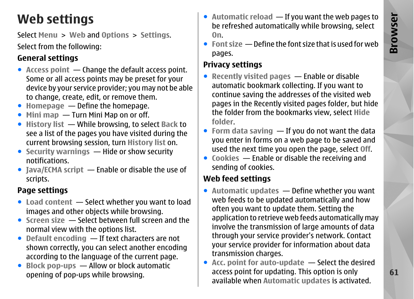 Web settings, Browser | Nokia N86 8MP User Manual | Page 61 / 168