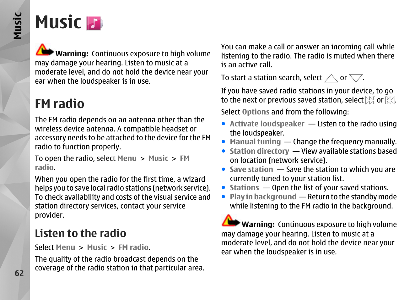 Music, Fm radio, Listen to the radio | Nokia N86 8MP User Manual | Page 62 / 168