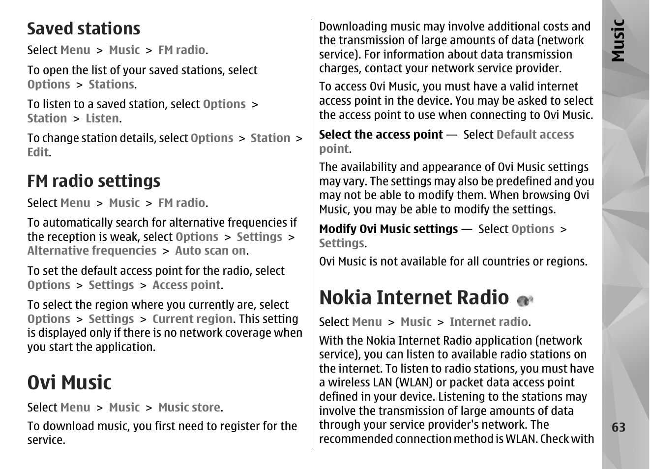 Saved stations, Fm radio settings, Ovi music | Nokia internet radio, Music | Nokia N86 8MP User Manual | Page 63 / 168
