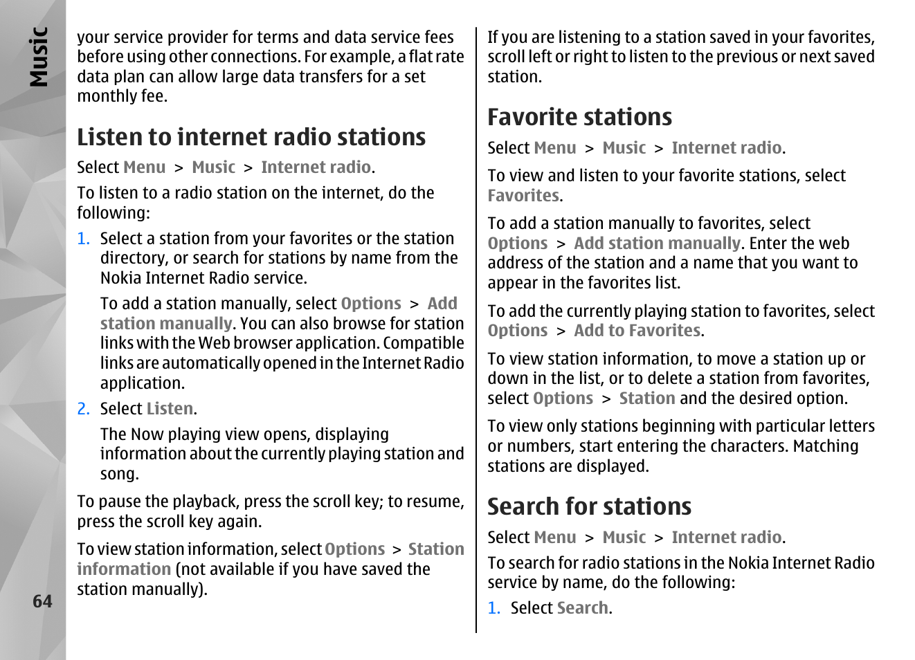 Listen to internet radio stations, Favorite stations, Search for stations | Music | Nokia N86 8MP User Manual | Page 64 / 168
