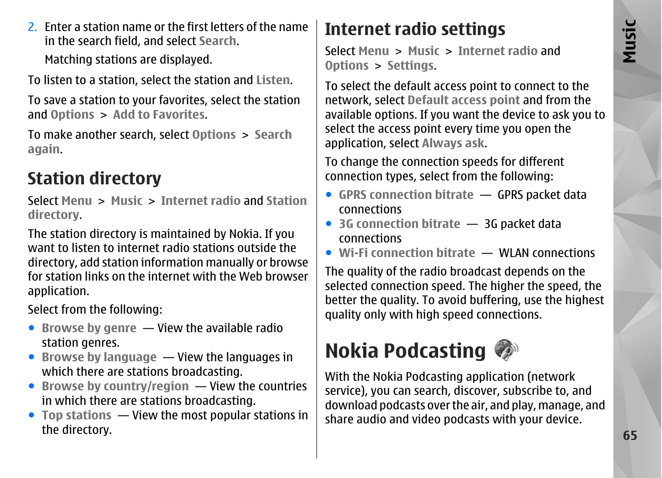 Station directory, Internet radio settings, Nokia podcasting | Music | Nokia N86 8MP User Manual | Page 65 / 168