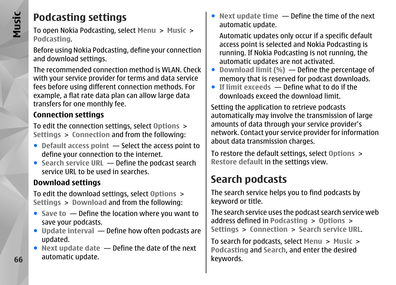 Podcasting settings, Search podcasts, Music | Nokia N86 8MP User Manual | Page 66 / 168