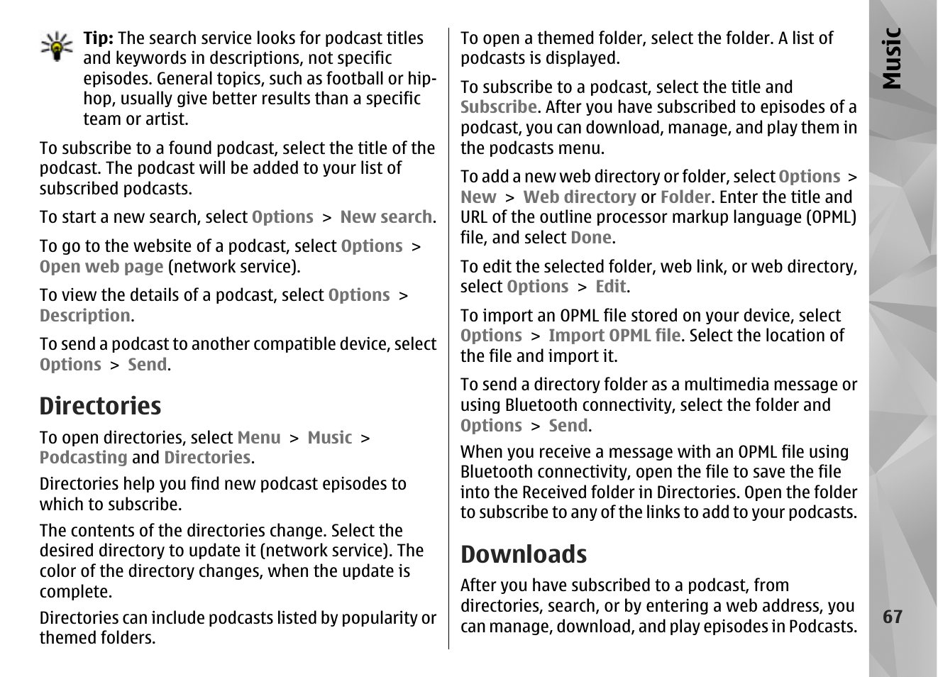 Directories, Downloads, Music | Nokia N86 8MP User Manual | Page 67 / 168
