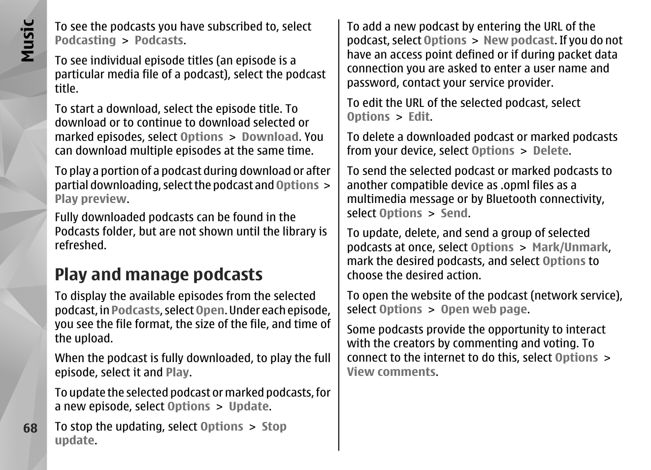 Play and manage podcasts, Music | Nokia N86 8MP User Manual | Page 68 / 168