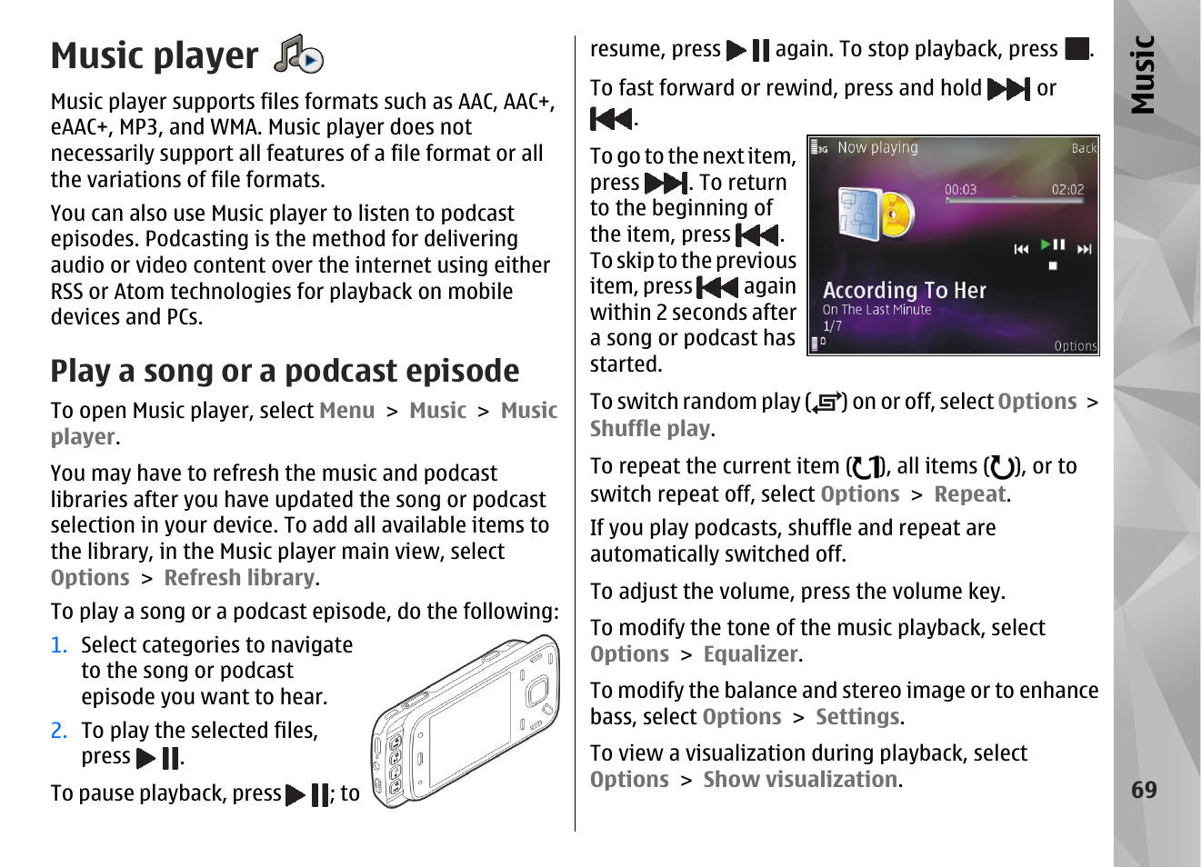Music player, Play a song or a podcast episode, Music | Nokia N86 8MP User Manual | Page 69 / 168