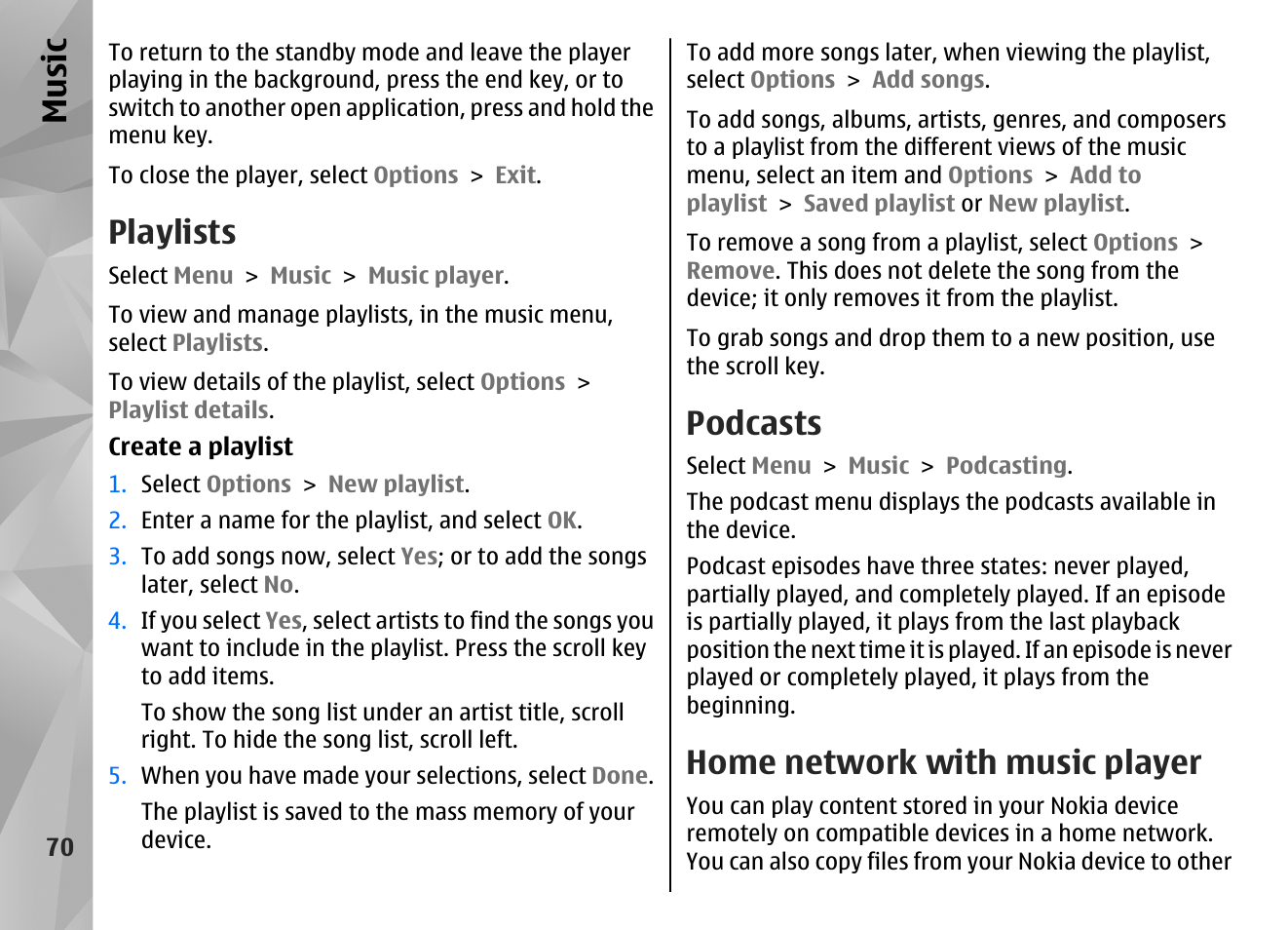 Playlists, Podcasts, Home network with music player | Music | Nokia N86 8MP User Manual | Page 70 / 168