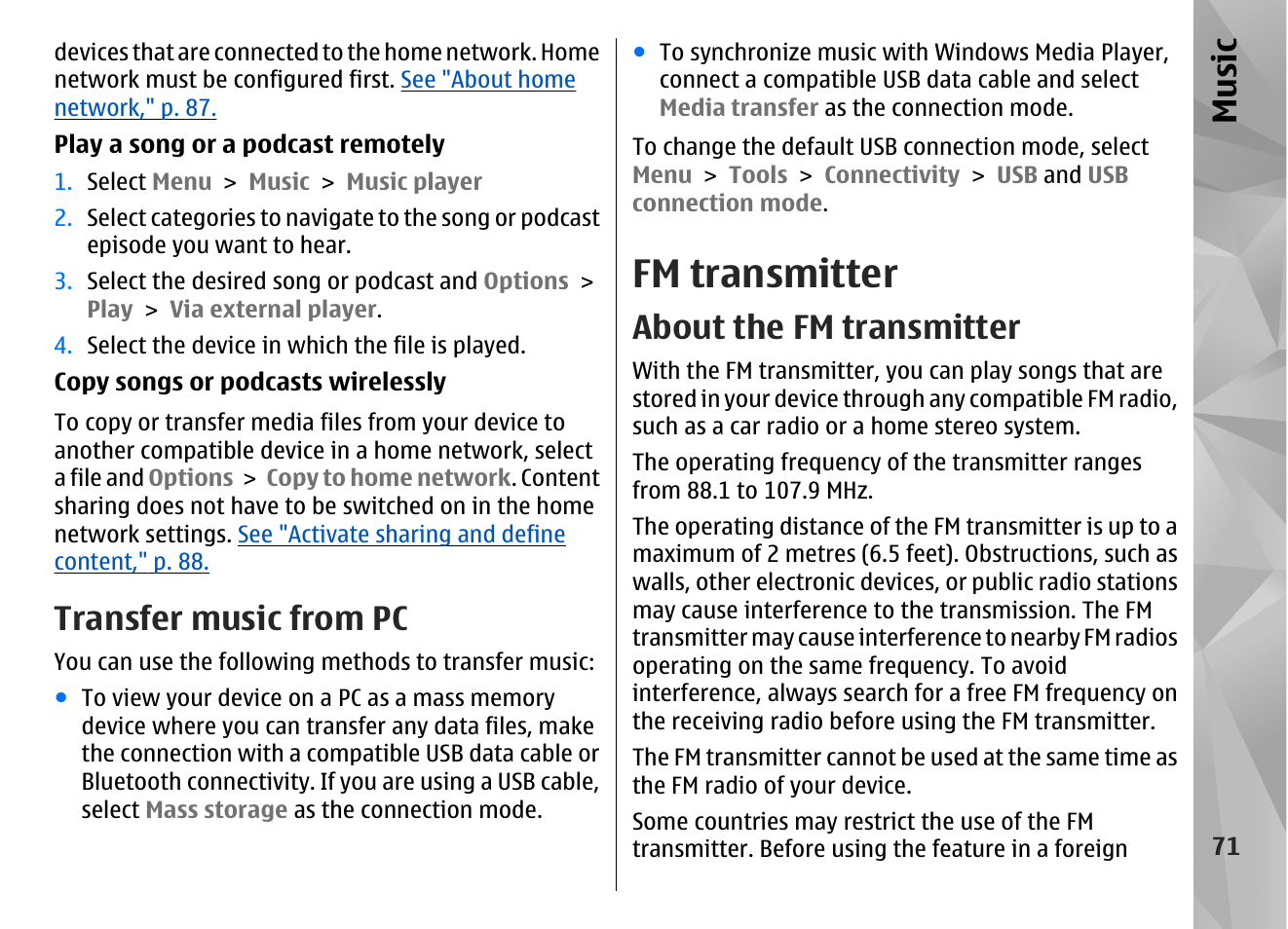 Transfer music from pc, Fm transmitter, About the fm transmitter | Music | Nokia N86 8MP User Manual | Page 71 / 168