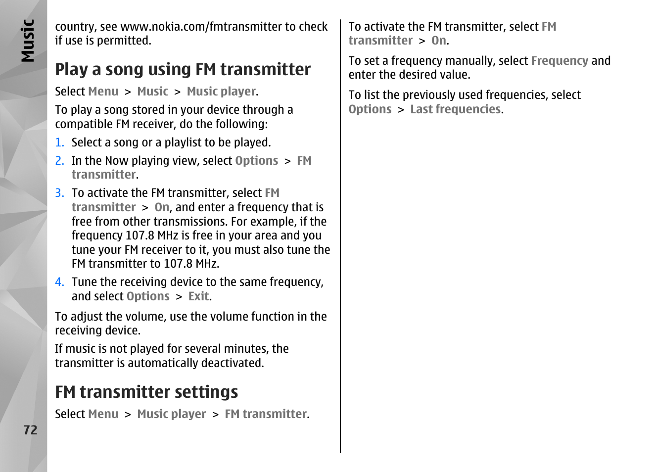 Play a song using fm transmitter, Fm transmitter settings, Music | Nokia N86 8MP User Manual | Page 72 / 168