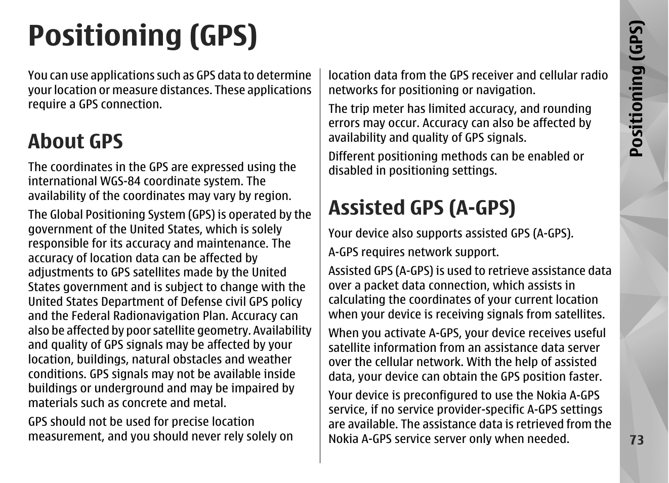 Positioning (gps), About gps, Assisted gps (a-gps) | Nokia N86 8MP User Manual | Page 73 / 168
