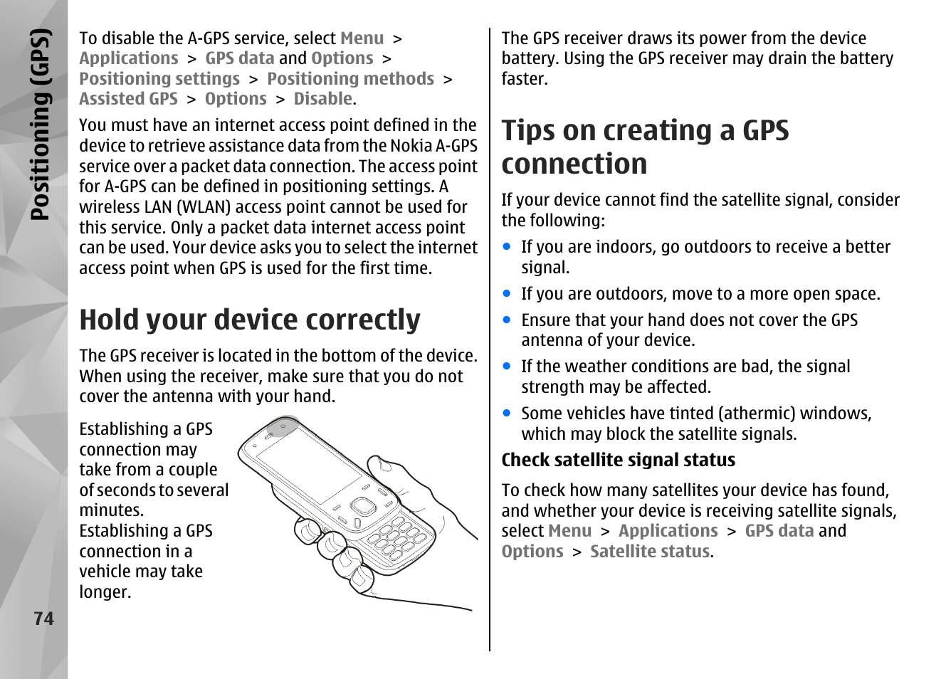 Hold your device correctly, Tips on creating a gps connection, Positioning (gps) | Nokia N86 8MP User Manual | Page 74 / 168