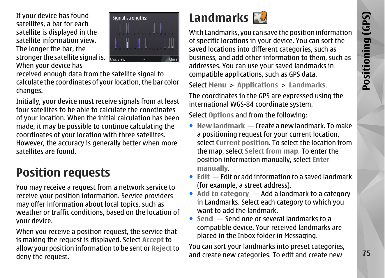 Position requests, Landmarks, Positioning (gps) | Nokia N86 8MP User Manual | Page 75 / 168