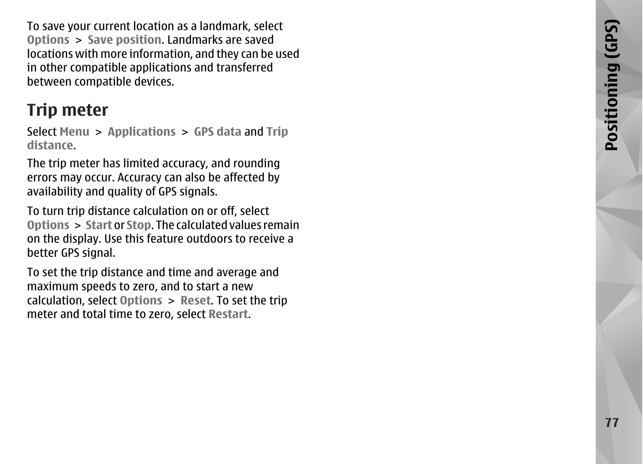 Trip meter, Positioning (gps) | Nokia N86 8MP User Manual | Page 77 / 168