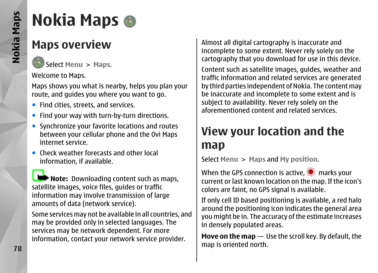 Nokia maps, Maps overview, View your location and the map | Nokia N86 8MP User Manual | Page 78 / 168