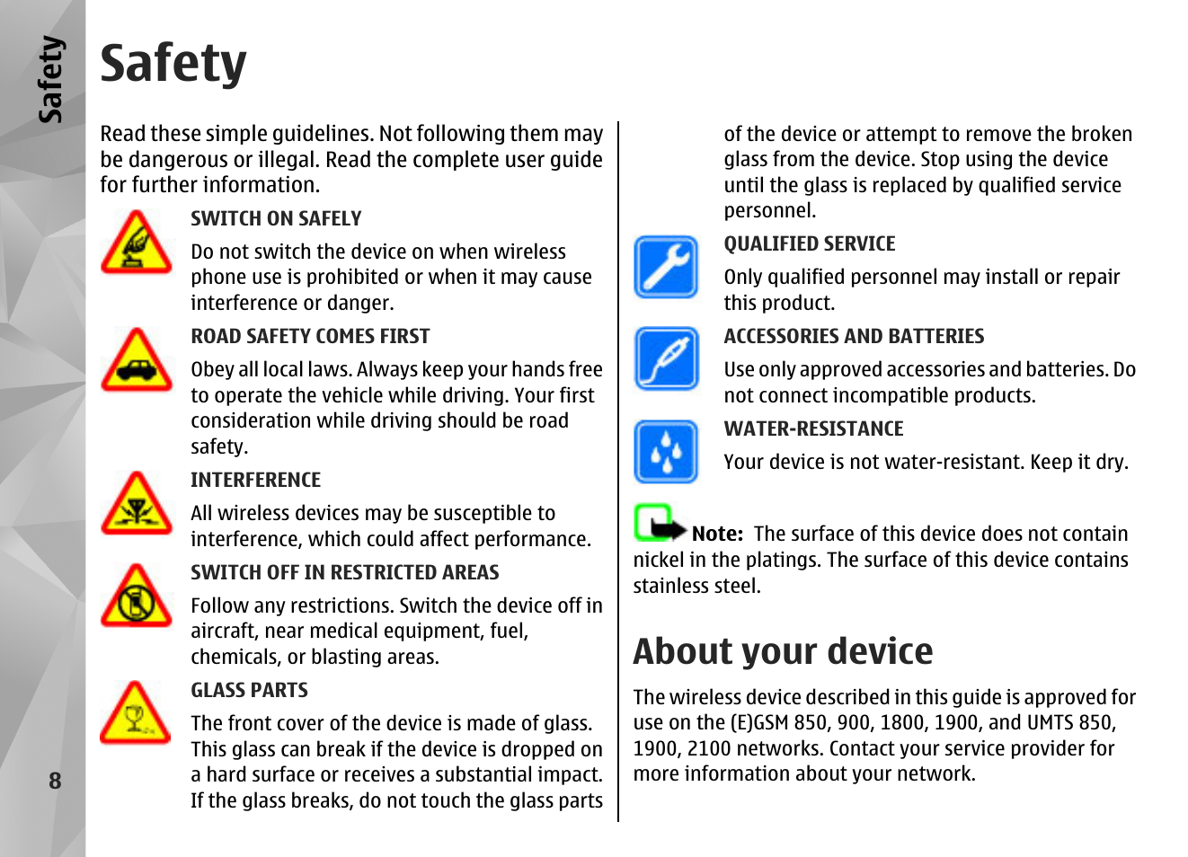 Safety, About your device, Safet y | Nokia N86 8MP User Manual | Page 8 / 168